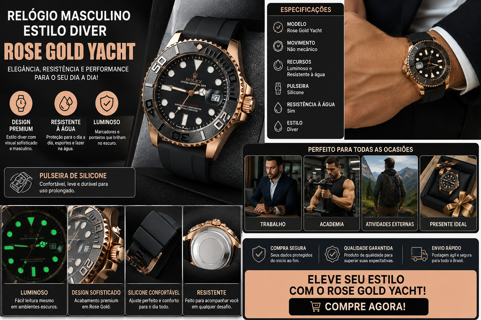 Relógio Masculino Estilo Diver — Rose Gold — detalhes e benefícios (imagem 1)