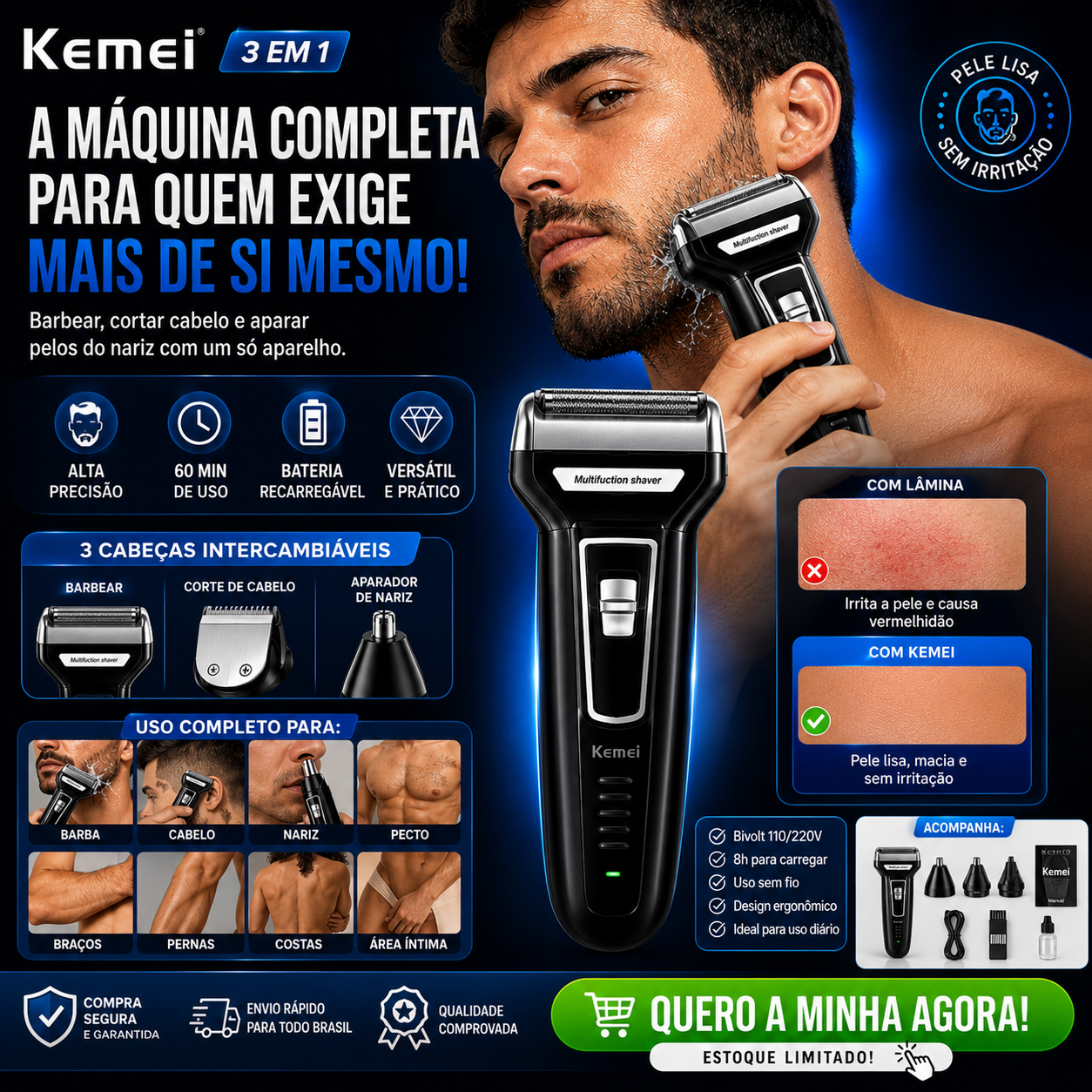 Aparador de Barba e Pelos 3 em 1 — detalhes e benefícios (imagem 1)