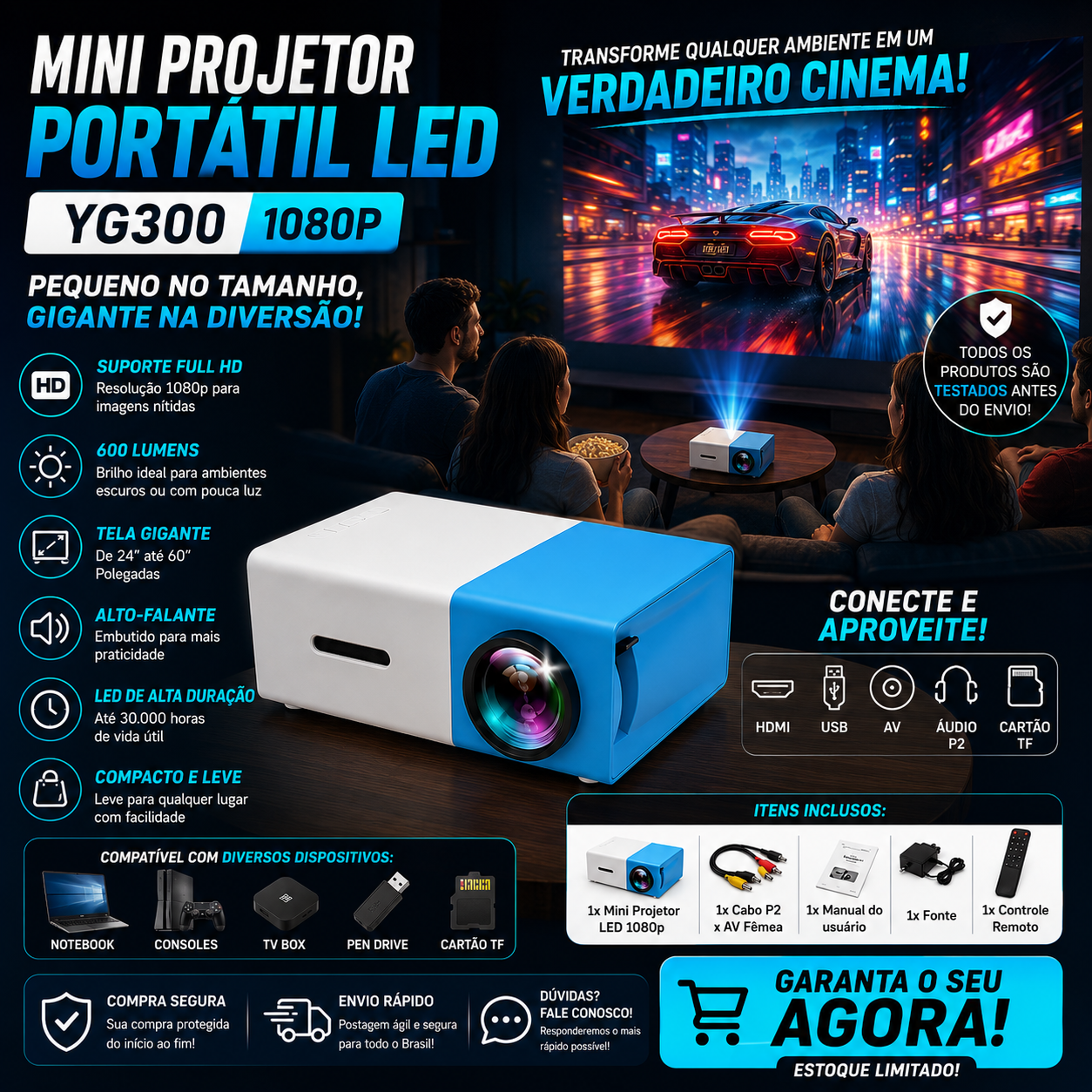 Mini Projetor Portátil LED 1080p — Azul/Branco — detalhes e benefícios (imagem 1)