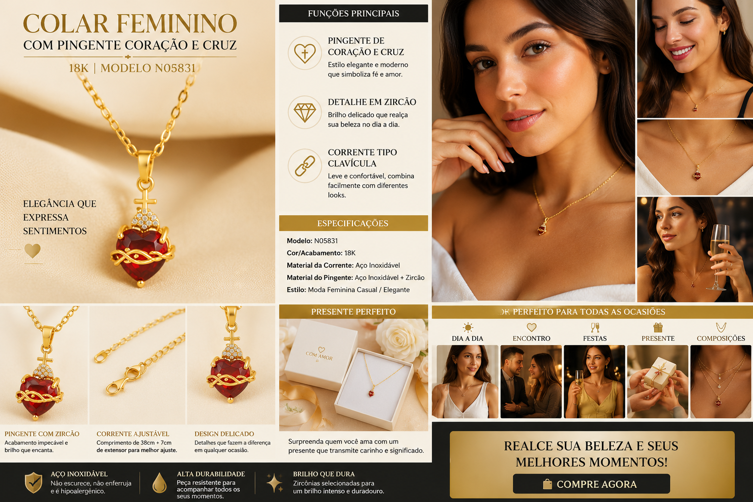 Colar Feminino Coração e Cruz em Zircônia — detalhes e benefícios (imagem 1)