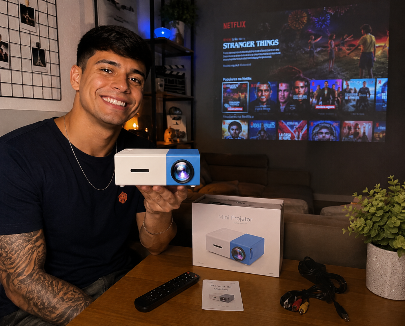 Mini Projetor Portátil LED 1080p — Azul/Branco