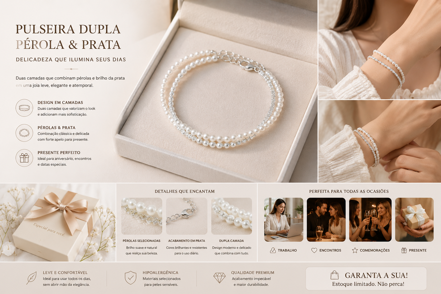 Pulseira Feminina Dupla — Pérola e Prata — detalhes e benefícios (imagem 1)