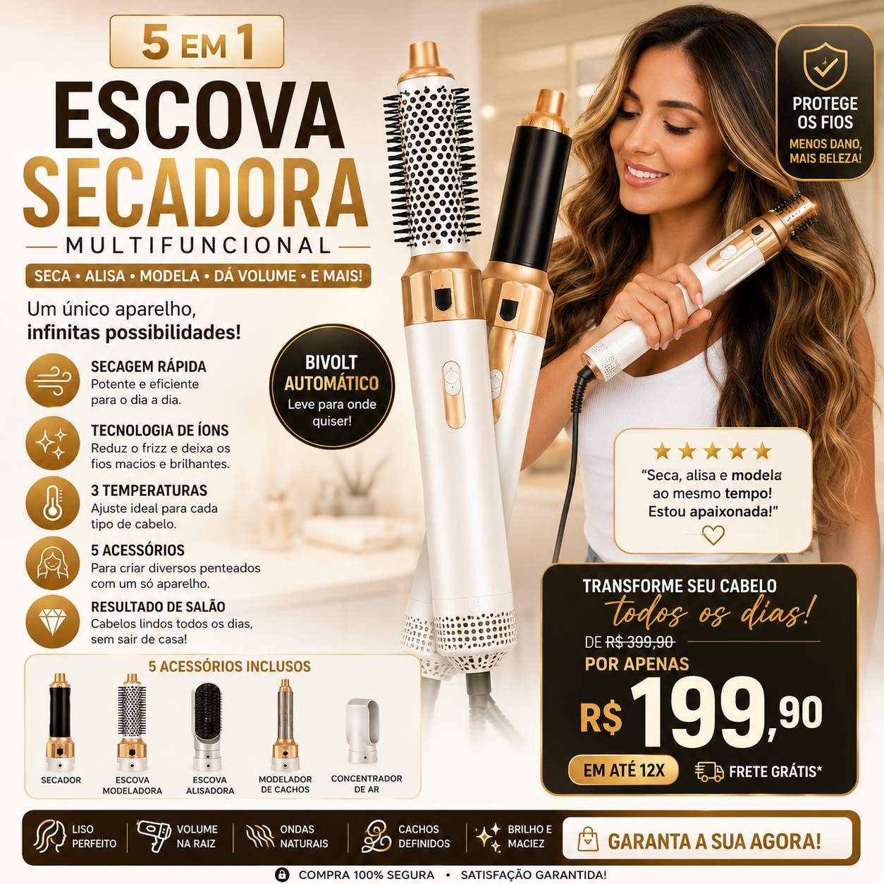 Escova Secador de Cabelo 5 em 1 — Branco/Dourado — detalhes e benefícios (imagem 2)