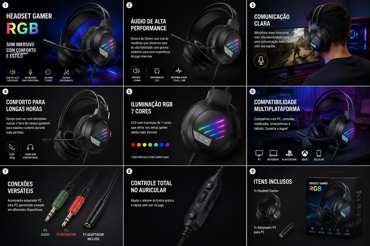 Fone Headset Gamer RGB Rainbow — Preto — detalhes e benefícios (imagem 1)