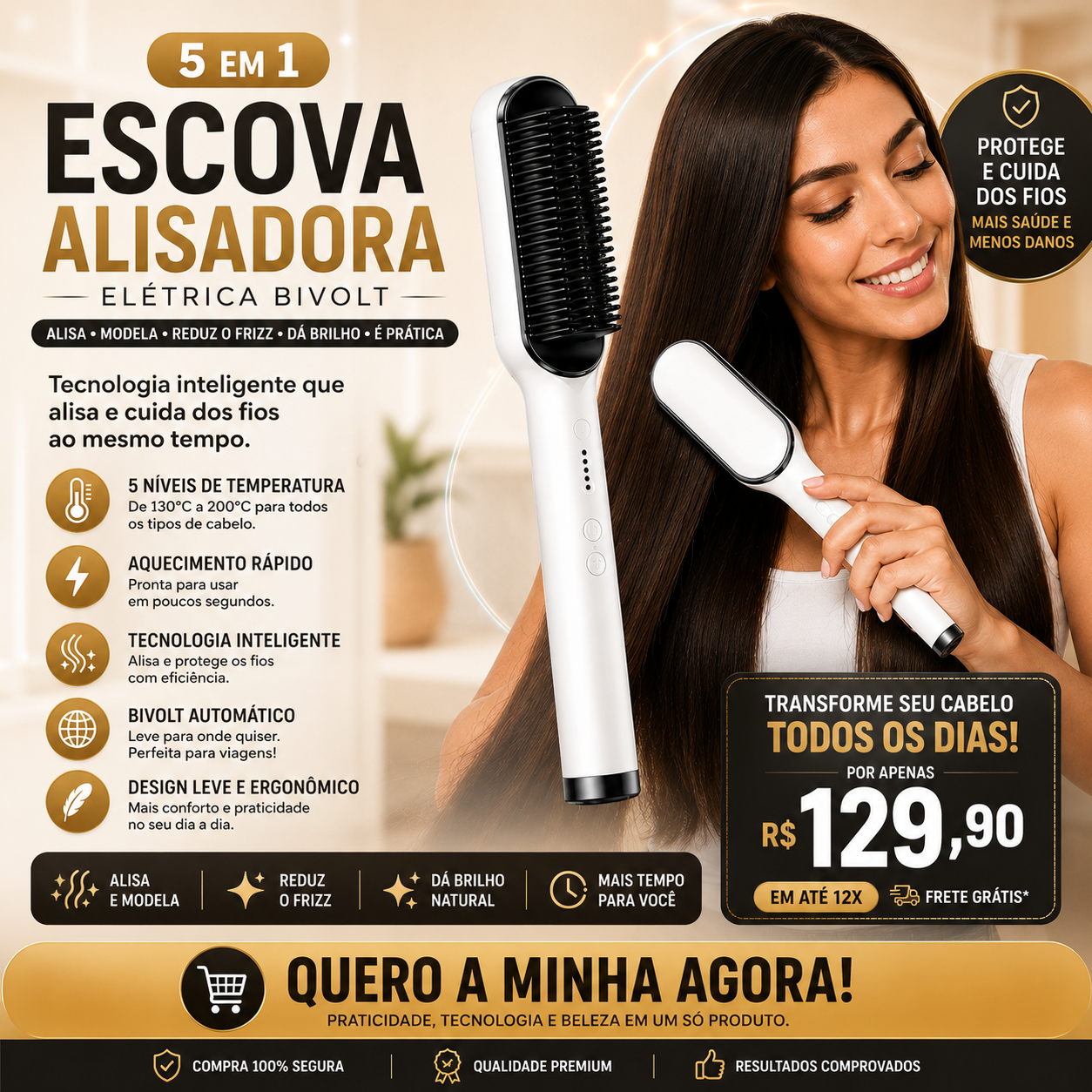 Escova Alisadora Elétrica Bivolt — Branca — detalhes e benefícios (imagem 1)