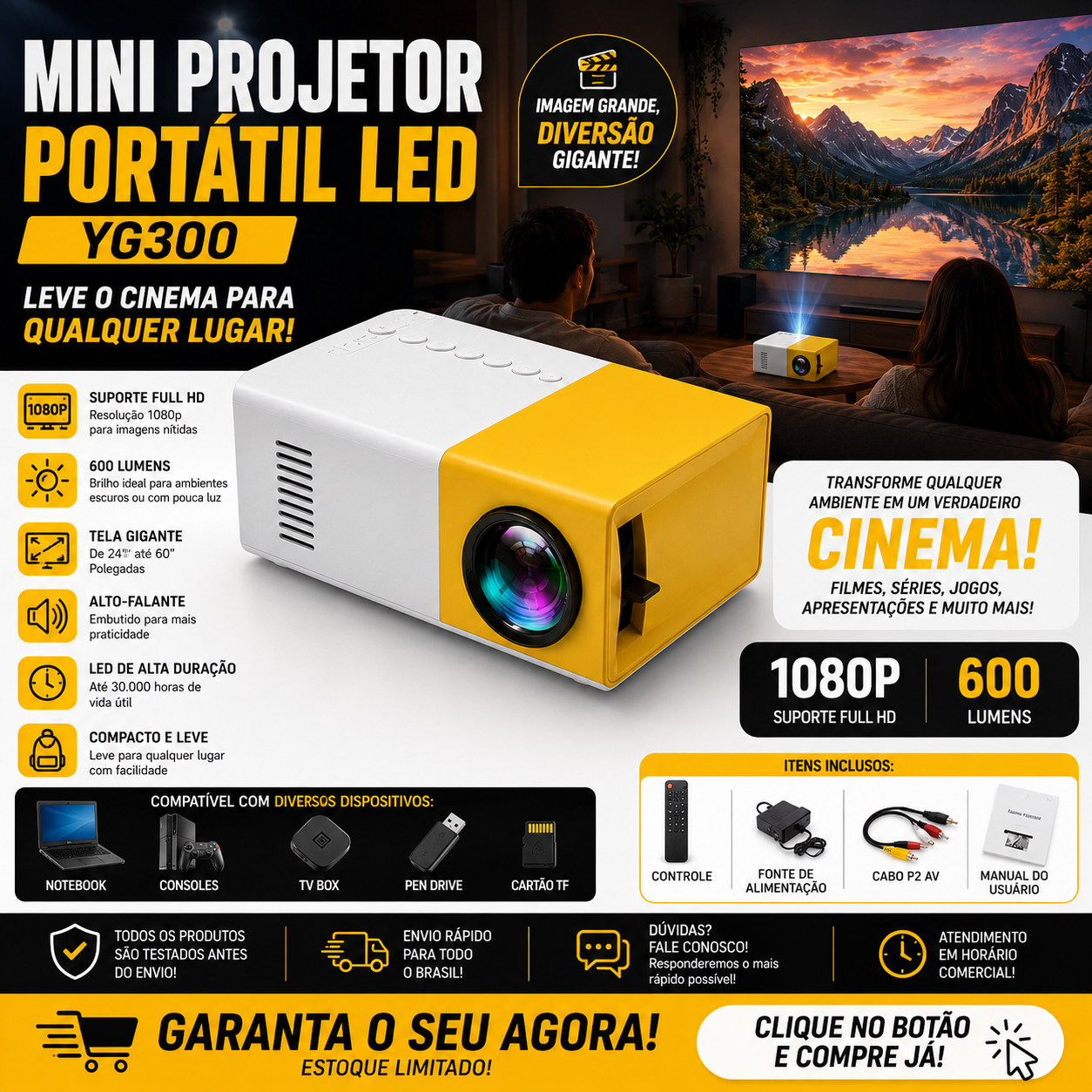 Mini Projetor Portátil LED 1080p — Amarelo/Branco — detalhes e benefícios (imagem 1)