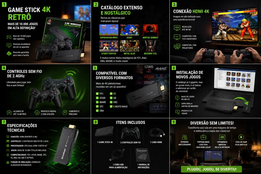 Game Stick 4K Retrô — 10.000 Jogos — detalhes e benefícios (imagem 1)
