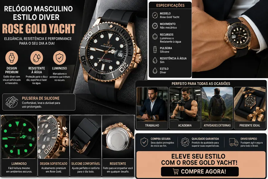 Relógio Masculino Estilo Diver — Rose Gold — detalhes e benefícios (imagem 1)