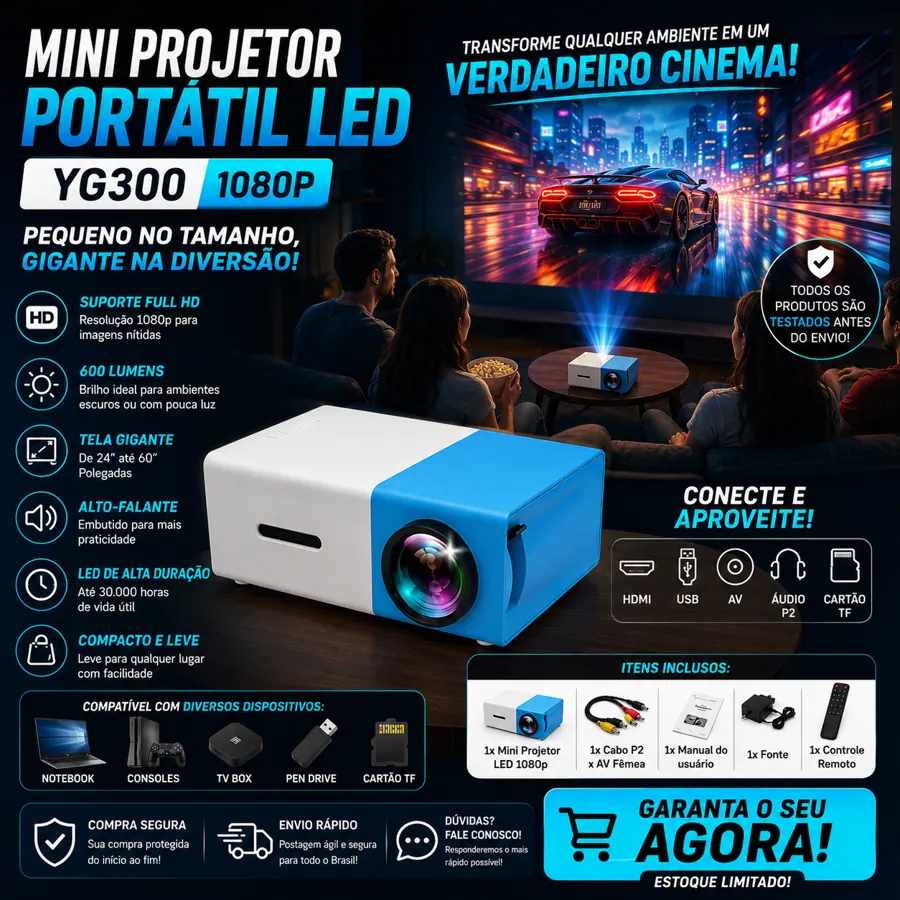 Mini Projetor Portátil LED 1080p — Azul/Branco — detalhes e benefícios (imagem 1)