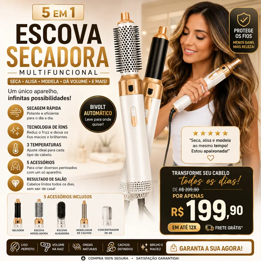 Escova Secador de Cabelo 5 em 1 — Branco/Dourado — detalhes e benefícios (imagem 2)