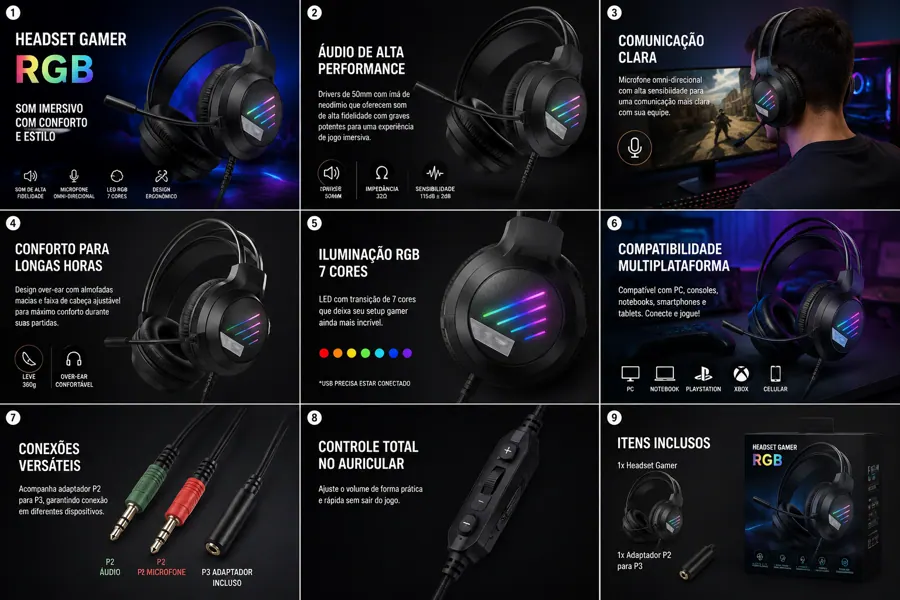 Fone Headset Gamer RGB Rainbow — Preto — detalhes e benefícios (imagem 1)
